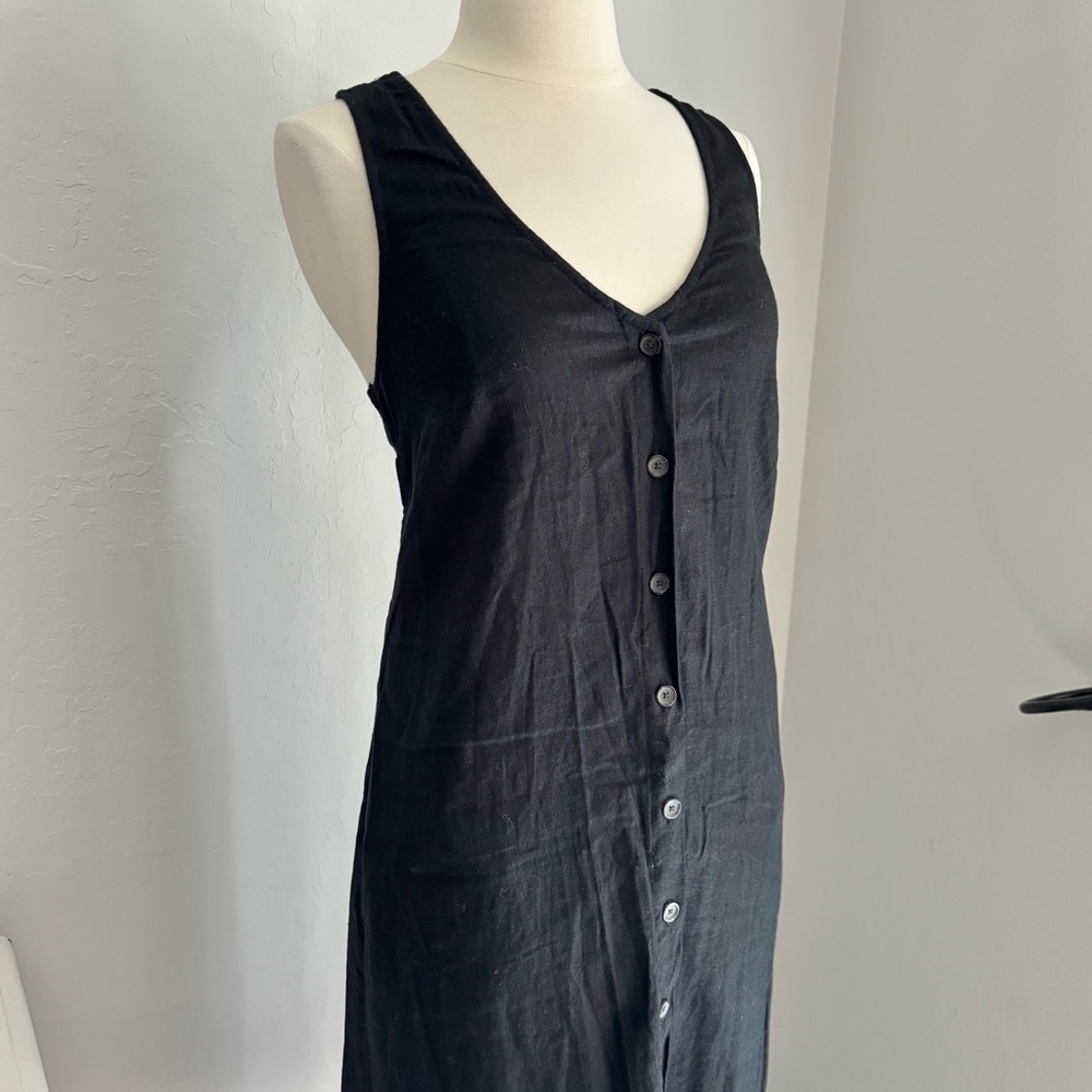 Old Navy Sleeveless Button-Front Linen-Midi Shift Dress Lace Up Back, Black XS